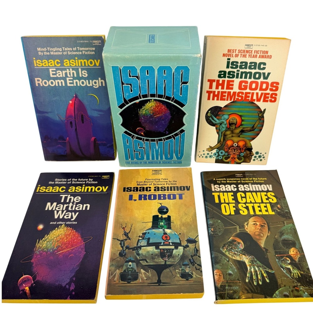 Isaac Asimov 5 Book Box Set Fawcett Crest I Robot Caves of Steel Sci-Fi Vintage